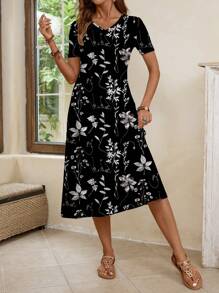 EMERY ROSE Vintage Floral Print V-Neck Short Sleeve Midi Dress, Summer - Multicolor - View 3