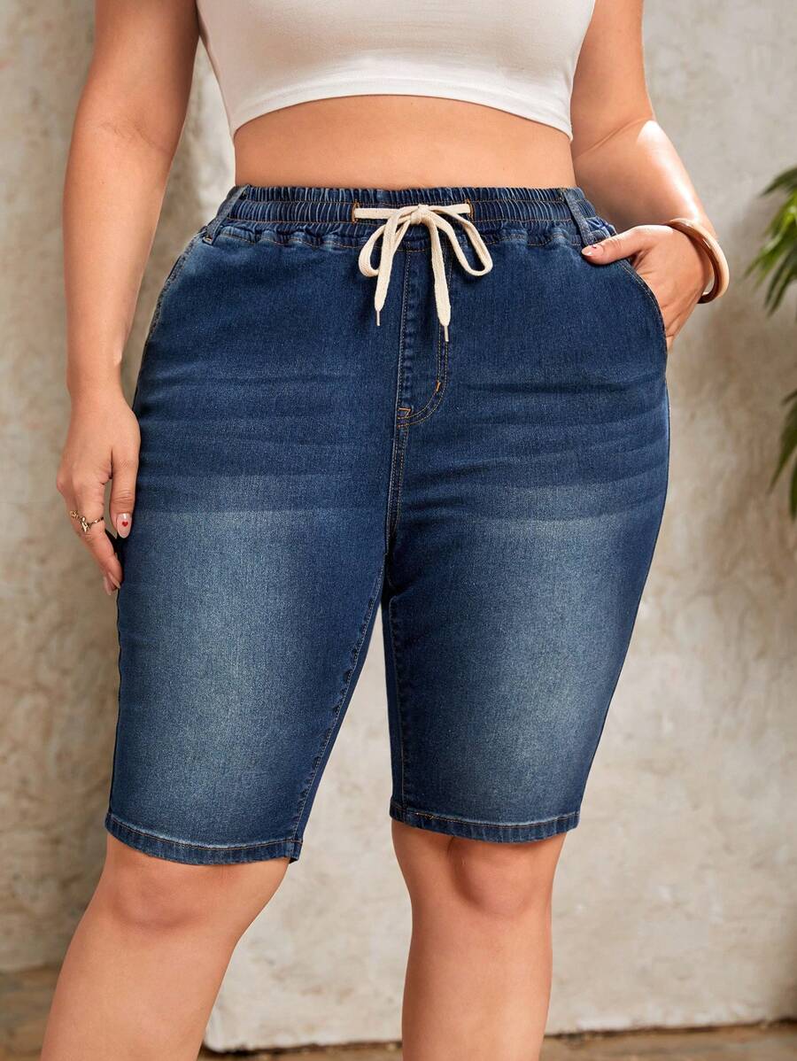 SHEIN Essnce Plus Drawstring Waist Denim Shorts - Dark Wash - View 1