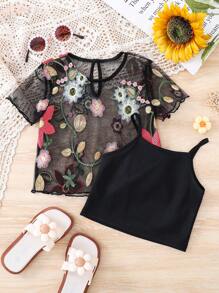 SHEIN 2pcs Set: Young Girl Woven Floral Embroidered Mesh Top & Camisole, For Vacation, Mom And Daughter & Sisters Matching.