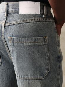 SUMWON 设计师款双膝喇叭牛仔裤经典工作服实用牛仔裤宽版宽松街头休闲裤秋冬时尚 - 藍色 - 查看 7