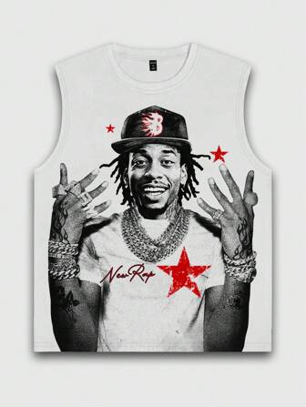 Street Life Men's Hip Hop Portrait Print Crew Neck Sleeveless Casual Tank Top