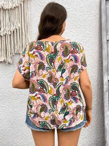 SHEIN LUNE Music Festival Paisley Flower Pattern Casual Versatile Plus Size Short Sleeve Shirt Top Summer Vacation Outfits Woman Easter Rave Outfits Festival Boho Women Clothing Country Outfits Women Country Concert Outfit Spring Outfits For Women Summer Clothes Western Wear Women