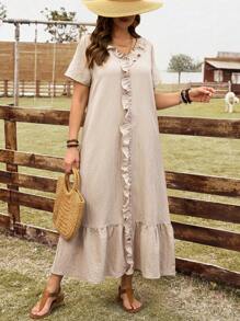 EMERY ROSE Plus Size Women Solid Color Ruffle Hem Short Sleeve Casual Dress,Western Wear Women Spring Outfits For Women Bridal Shower Dress White Vacation Country