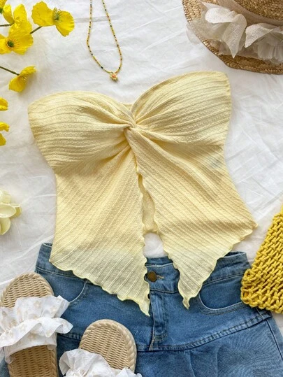 SHEIN PETITE Women's Holiday Goose Yellow Knitted Texture Tube Top With Mid-Front Knotted Slit And Wave Edge Slim Fit Top Afternoon Tea Street Vacation Autumn And Winter Wear Inside And Outside Party