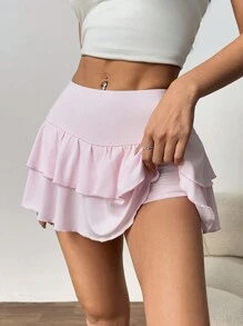 CovetEZ 女士迷你裙纯色直筒荷叶边下摆短裙，简约休闲日常 - 淺粉色 - 查看 5
