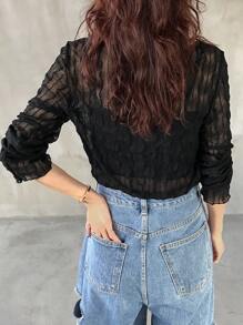 FRIFUL 女式黑色修身透明纹理面料圆领上衣长袖女式上衣