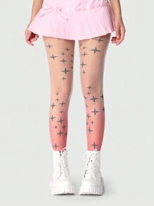 ROMWE Fairycore 1 Pair Women Ombre Pink Gradient Glitter Star Stockings, Sweet And Stylish, All Season
