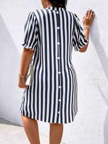 INAWLY Women Striped V-Neck Short Sleeve Straight Short Dress - Multicolor - View 2