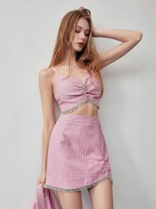 MOTF STUDIO RHINESTONE TRIM RUCHED BUST CAMI TOP - Hồng - Xem 1