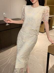 DAZY Ensemble 2 pièces pour femme: blouse à col rond élégante en dentelle avec manches bouffantes et jupe, tenue invitée de mariage pour l'été - Beige - Voir 3