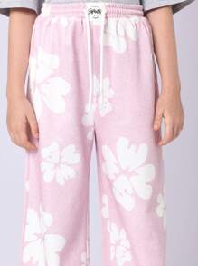 SUMWON Conjunto coordenado para adolescentes, camiseta curta grande, perna larga, calça palazzo floral, roupa de dormir casual de duas peças, primavera-verão, traje de resort para férias