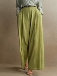 Anewsta Pantaloni ampi in stile chiffon plissettato con vita rilassata e effetto patchwork, colore verde, adatti per festival e uscite di moda - Verde - Visualizzare 4