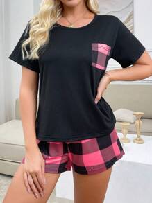 Women's Bow Decor Casual Plaid Printed Pajamas Set