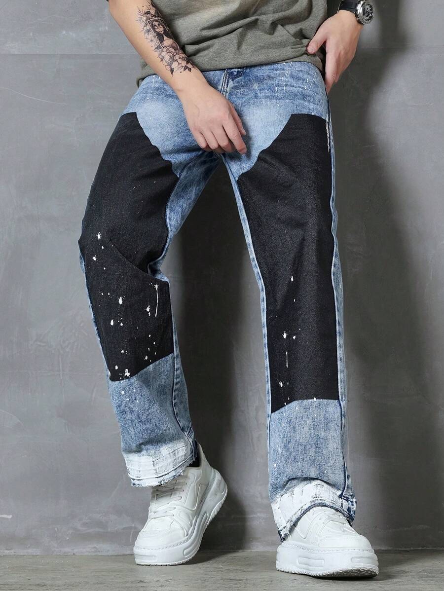 SHEIN Explorewe Quần jeans ống đứng ôm màu xám đậm in họa tiết 3D thời trang Âu Mỹ cho bé trai tuổi teen - Rửa trung bình - Xem 1
