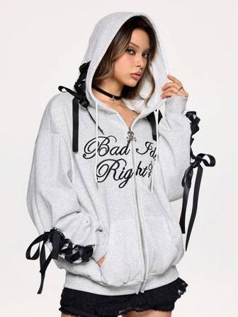 Street Life Sudadera con capucha de estilo callejero Y2K sobredimensionada con lazo de dos tonos, bordado de logotipo para mujeres