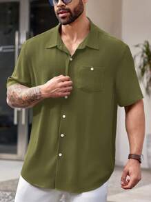 Manfinity VCAY 梭织休闲短袖衬衫（大码） - 軍綠色 - 查看 1