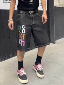 Manfinity Hypemode Men's Letter Print Pocket Loose Denim Shorts