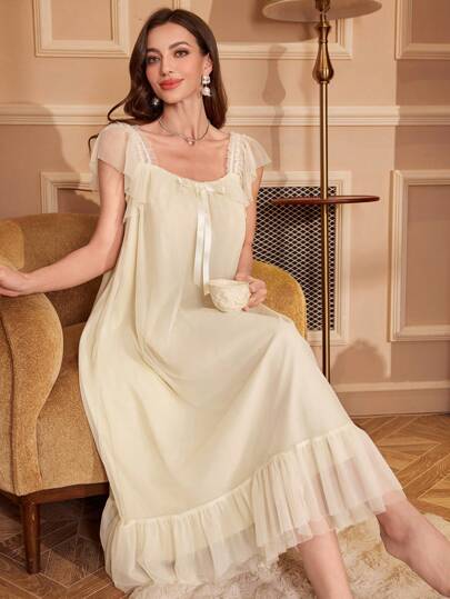 PalaceNights Romantic Ruffle Bow Square Neck Mesh Strap Nightgown Babydoll Luxe Loungewear, Moo view 5