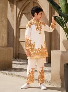 2pcs/Set Tween Boys Stand Collar Long Sleeve Printed Top & Pants Set - White - View 6