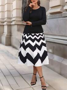 SHEIN Clasi Plus Size Commute Casual Único Top de Malha Com Padrão Ondulado Elegante e Saia Vintage de Cintura Alta Conjunto de 2 Peças - Multicolorido - Ver 5