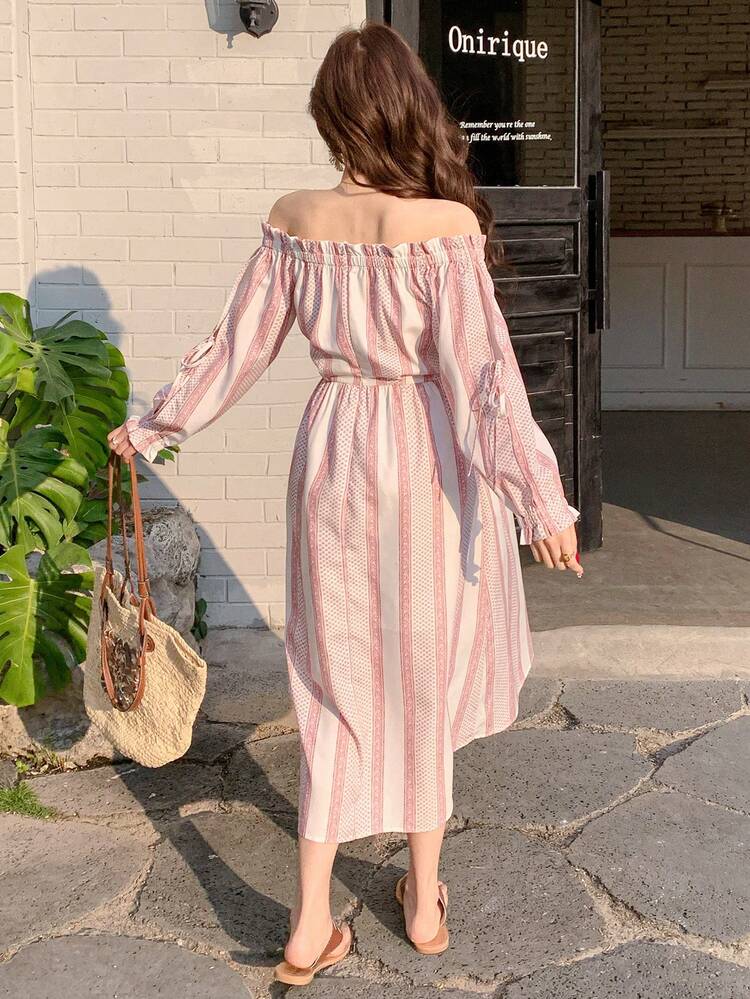 1pc Women's Floral Print Off Shoulder Tie-Up Slit Midi Dress,Fall Dress Long Sleeve Dress Boho