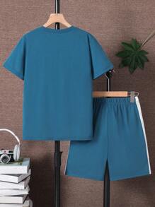 2pcs/Set Older Boys Letter Print Patchwork Round Neck T-Shirt And Casual Sports Shorts - Multicolor - View 2