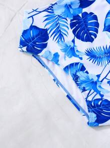 SHEIN Tween Girl Knit Patchwork Tropical Print Hollowed Out Waist Ruffle One Shoulder One-Piece Swimsuit - Blue - View 3