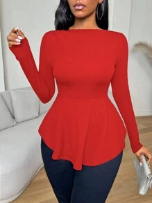 VaVaBold 纯色荷叶边下摆修身长袖女式 T 恤、黑色上衣、秋装、秋季女装