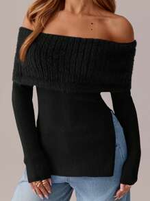 SHEIN SXY 1 pieza Suéter de punto con hombros descubiertos para mujeres, Navidad, Acción de Gracias, Año Nuevo - Negro - Ver 2