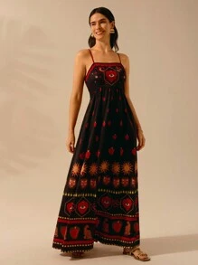 CAJUNI Women's Boho Tropical Leopard, Turtle Back Bamboo, Devil's Eye, Snake And Bird Print, Halter Black Ultra Long Dress, Summer Casual, Beach Holiday Dress - Multicolor - View 6