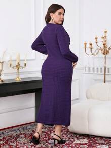 Modelyn Vestido de suéter de punto minimalista de manga larga y cuello redondo, con ajuste ceñido en talla grande de unicolor - Morado - Ver 2