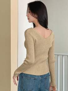 DAZY V-Neck Fitted Base Sweater, Stretch Knitted Pullover For Women Fall - Apricot - View 4