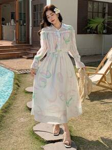 TrendSteals 女士印花衬衫套装（2件套），荷叶边袖口，百褶裙，秋季女装度假套装 - 米色 - 查看 7
