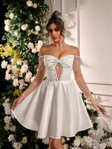 Lovelzi Vestido Elegante e Luxuoso de Cetim Franzido com Manga Longa Transparente e Design com Miçangas, Adequado para Casamento, Festa, Férias, Baile de Formatura, Presente de Noiva, Vestido de Noiva, Vestido de Chá de Panela, Noiva