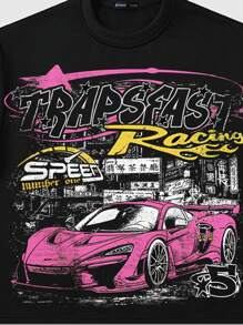 ROMWE MEN Street Life Men's Racing Loose Fit Short Drop Shoulder Printed T-Shirt 2 Pieces Set - Black - View 3