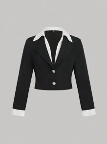 SHEIN MOD Duży rozmiar Czarny Kontrastowy Kolor Vintage Dwuczęściowy Garnitur Zestaw, Styl Studencki, Jesień/Zima