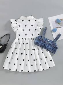 Elladie kids 2pcs/Set Young Girl Summer Fashionable Casual Dress Outfit, Wide Strap Vest + Cap Sleeve Collared Shirt Dress Summer Holiday - White - View 2