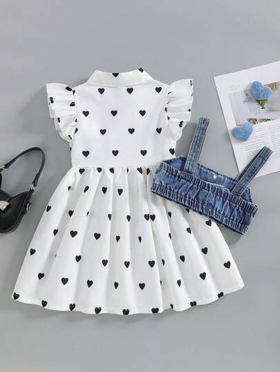 Elladie kids 2pcs/Set Young Girl Summer Fashionable Casual Dress Outfit, Wide Strap Vest + Cap Sleeve Collared Shirt Dress Summer Holiday