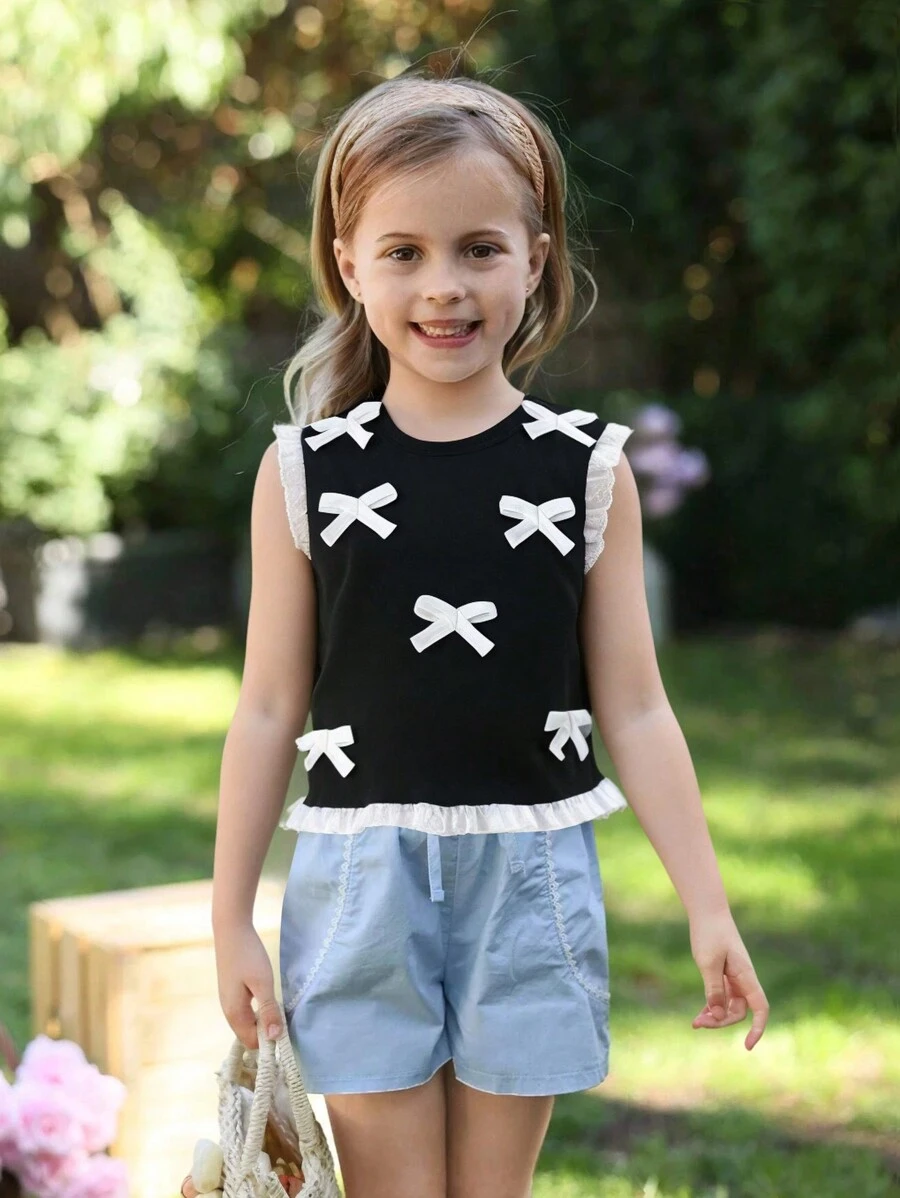 SHEIN 年轻女孩夏季时尚蕾丝边蝴蝶结装饰荷叶边下摆吊带背心可爱甜美上衣 - 黑色 - 查看 1