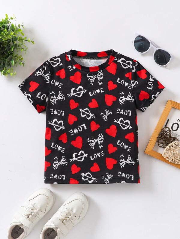Young Boy Heart & Valentine's Day Letter & Numeric Graffiti Graphic Print All-Over Short Sleeve T-Shirt, Displaying Vibrant & Fashionable Design, Suitable For School, Valentine's Day Outing, And Spring/Summer Wear