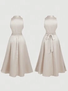 SHEIN MOD 大码女式复古杏色无袖结背交叉连衣裙 - 杏色 - 查看 7