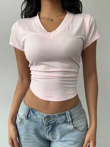 SHEIN BASICS Casual Solid Color V-Neck Short Sleeve Fitted Women T-Shirt