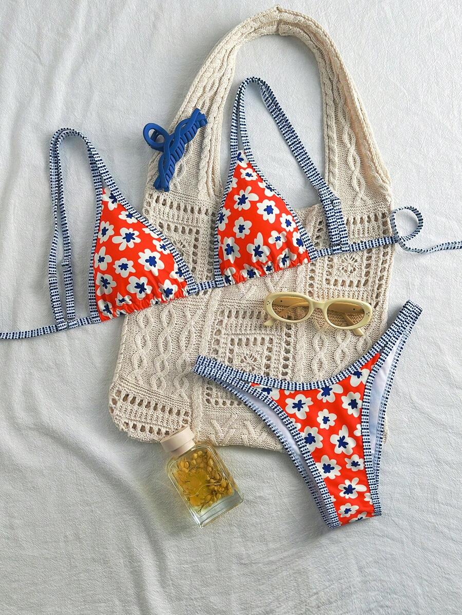 Swim Mod Áo crop top và quần bơi in họa tiết hoa ngẫu nhiên hở lưng kiểu dáng dễ thương cho nữ đi biển - Nhiều màu - Xem 1