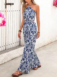 SHEIN VCAY 女式度假吊带腰部镂空宽松长款连体裤，蓝色和白色复古印花