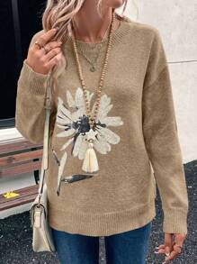 EMERY ROSE Suéter casual de cuello redondo de manga larga con detalle gráfico para mujeres - Caqui - Ver 6