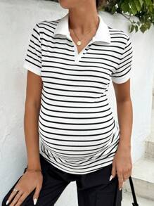 SHEIN Áo thun sọc cổ bẻ tay ngắn thường ngày đa năng cho bà bầu - Đen và trắng - Xem 4