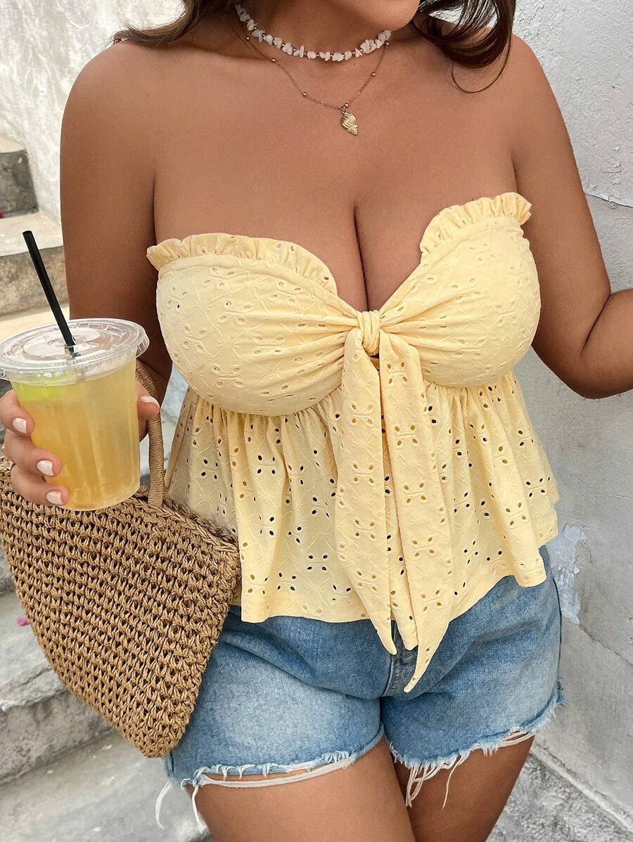 SHEIN VCAY Plus Size Women Strapless Tie Front Beach Crop Top - Yellow - View 1