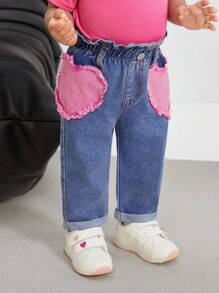 SHEIN Baby Girls Cute Heart Pocket Loose Blue Denim Harem Pants,Valentine's Day Denim Jeans - Light Wash - View 6