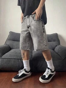 STEELVANCE Men's Loose Pockets Casual Wide-Leg Denim Shorts Jorts - Grey - View 4