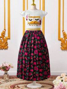 SHEIN Tween Girl Short Sleeve Top And A-Line Skirt 2pcs Set, Minimalist Fashion Casual Daily Outfit - Multicolor - View 4